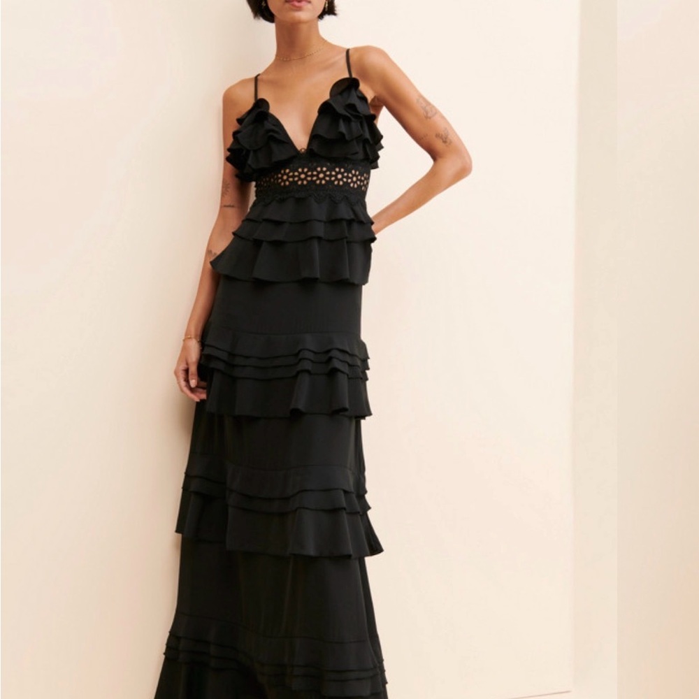 Black Ruffled Maxi Dress with Crochet Waist